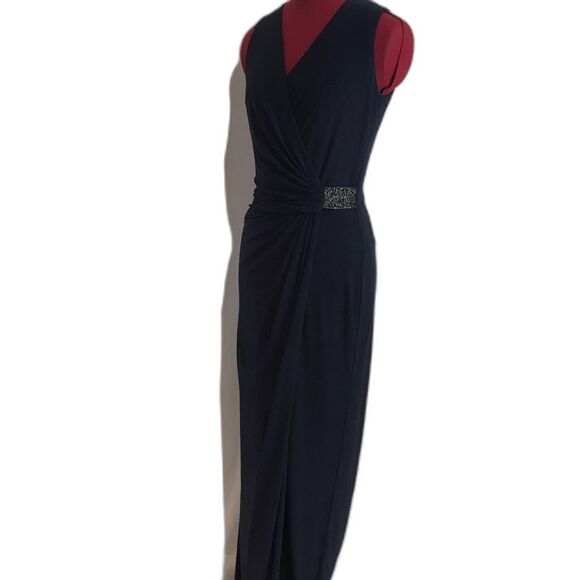 Lauren Ralph Lauren Jersey Gown Size 4 Navy Blue Rhinestone Embellishment V-Neck - Picture 2 of 16